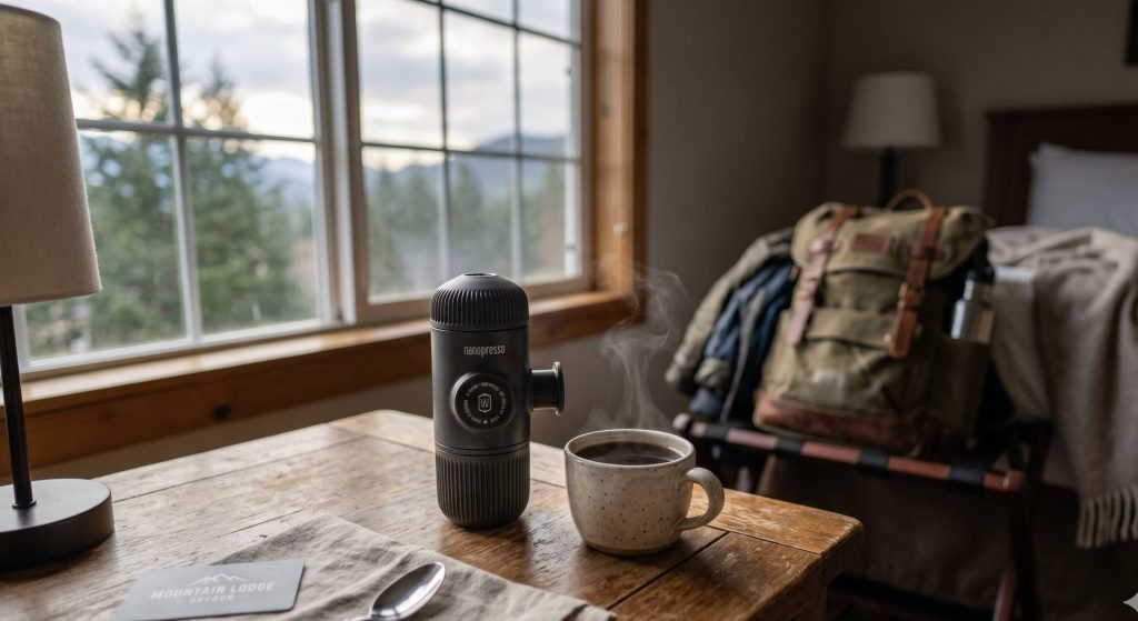 ortable coffee maker on hotel room table with fresh coffee