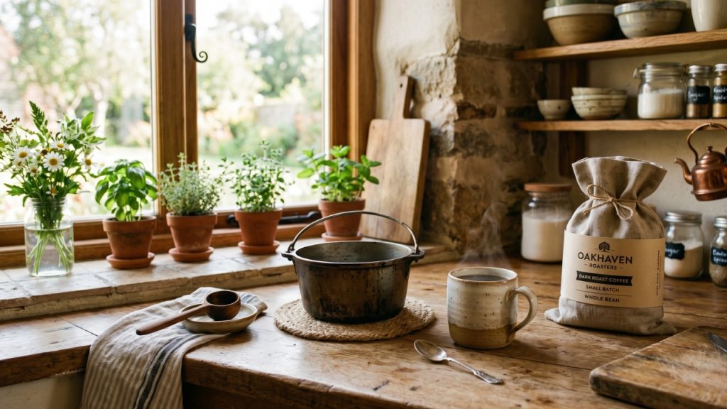 A rustic kitchen counter with a small pot, a mug, and a bag of ground coffee, warm, natural lighting, no coffee machine in sight