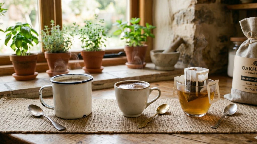 Three small cups of coffee side by side