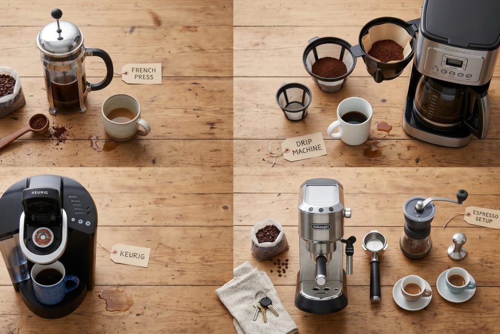 different coffee-making setups on a kitchen table